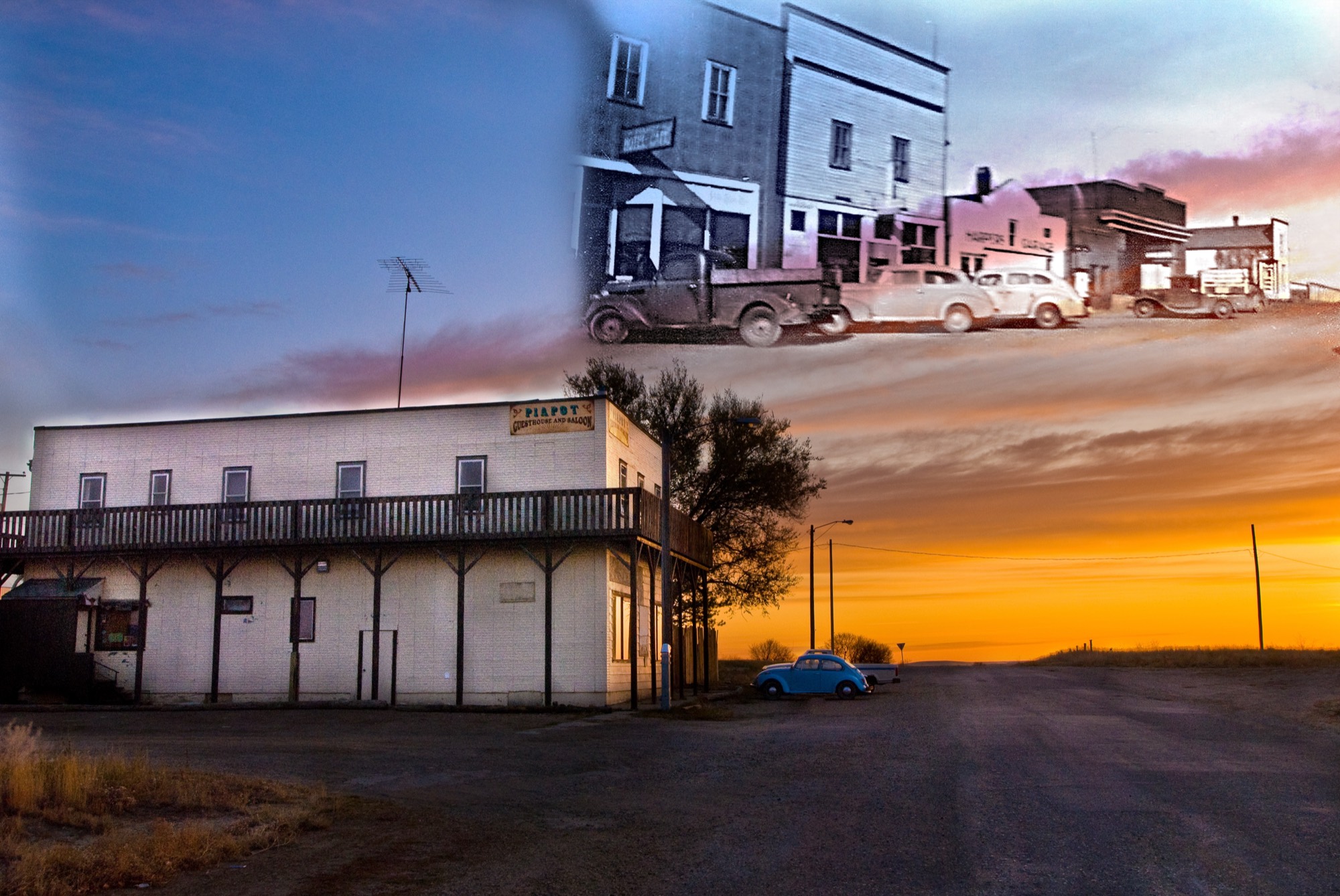 The Piapot Saloon today, blended with a historic photo of Piapot's main street
