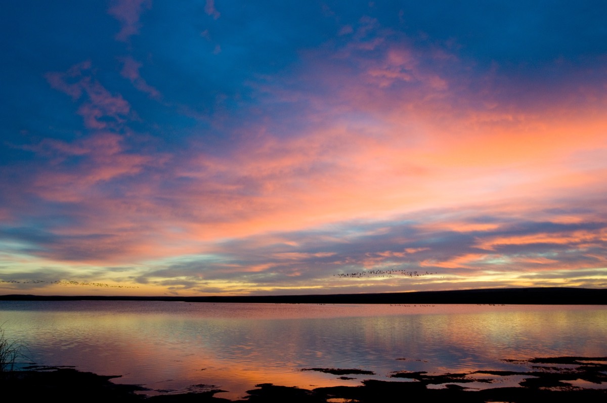 Prairie sunset over the water