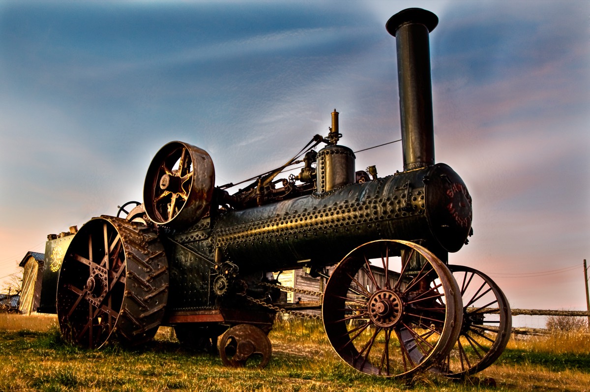 Antique steam tractor on the prairie